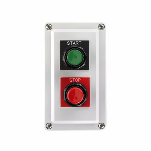 Eaton 10250T pushbutton, Class I Division 2, NEMA 4, 4X, 12, 13, NEC Class I Division 2, Groups B, C and D, Momentary, Pushbutton, one flush, one extended, Green, red actuator, Stainless steel enc., START STOP, 1NO-1NC, Two elements