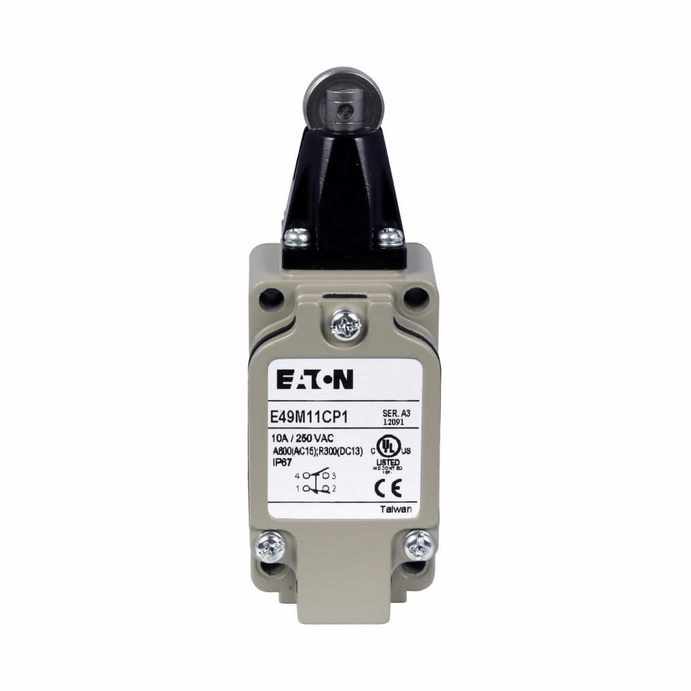 Assembled Limit Switch, E49, Top push roller, Screw Terminals, 10A at 250 Vac, 1.5A at 24 Vdc, Standard DIN, 1 mm-2m/s, 1NO-1NC