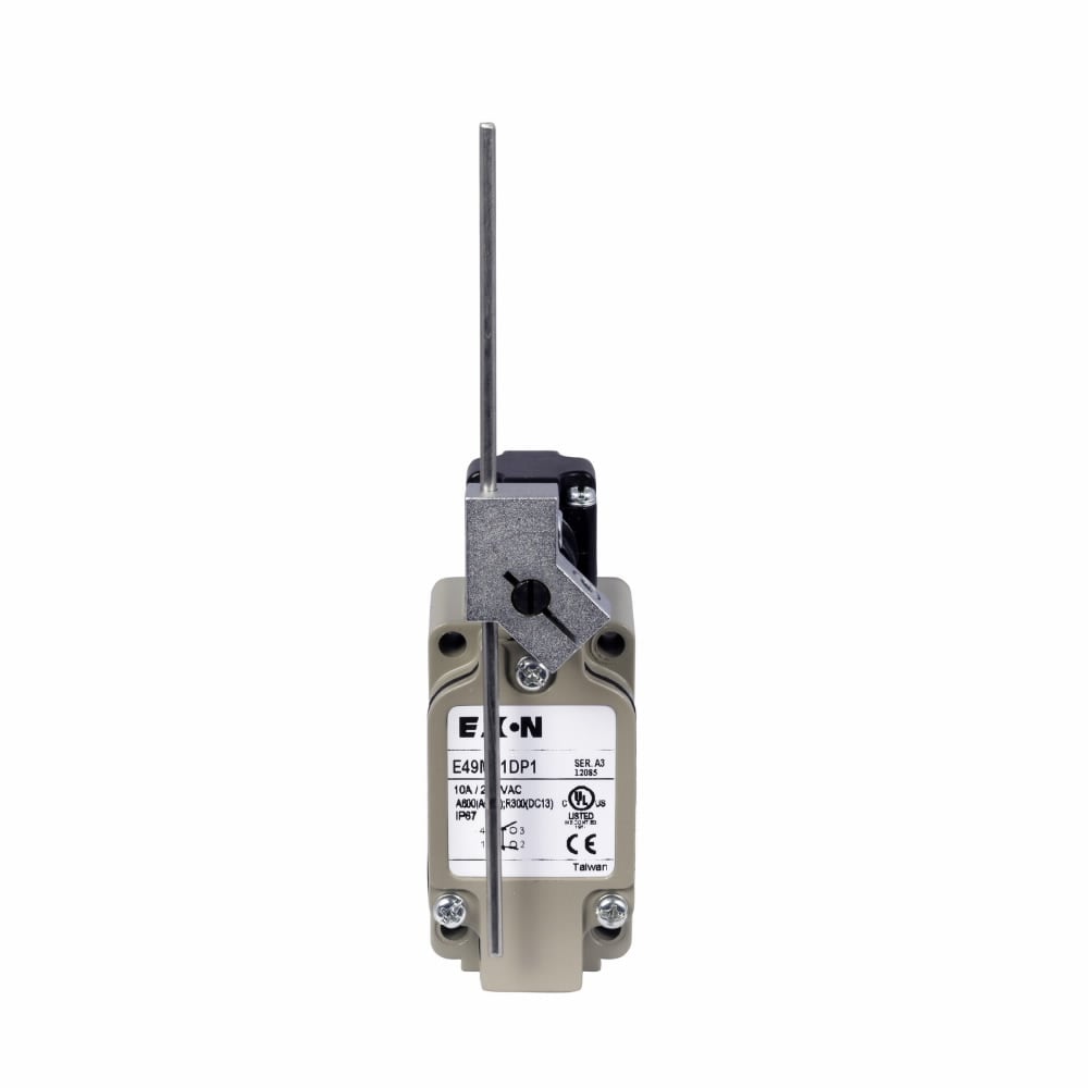 Assembled Limit Switch, E49, Rod lever, Screw Terminals, 10A at 250 Vac, 1.5A at 24 Vdc, Standard DIN, 1 mm-2m/s, 1NO-1NC