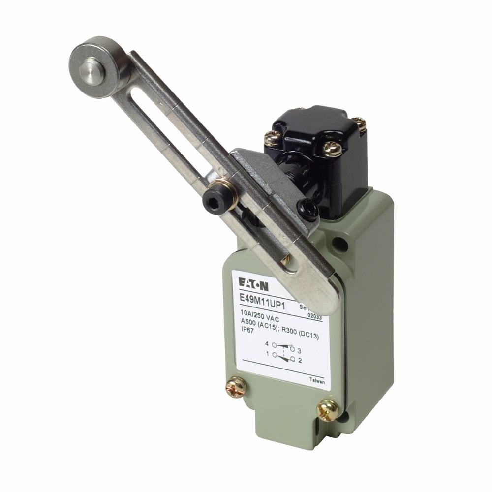 Assembled Limit Switch, E49, Adjustable roller lever, Screw Terminals, 10A at 250 Vac, 1.5A at 24 Vdc, Standard DIN, 1 mm-2m/s, 1NO-1NC