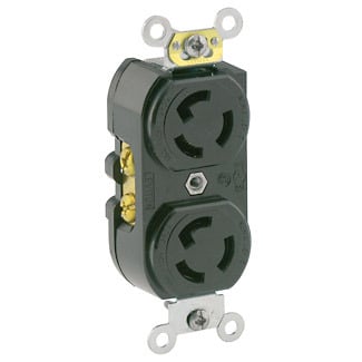 15 Amp, 125 Volt, NEMA L5-15R, 2P, 3W, Duplex Locking Receptacle, Industrial Grade, Grounding, Black, Common Feed Only
