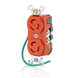15 Amp, 125 Volt, NEMA L5-15R, 2P, 3W, Duplex Locking Receptacle, Industrial Grade, Isolated Ground, Orange