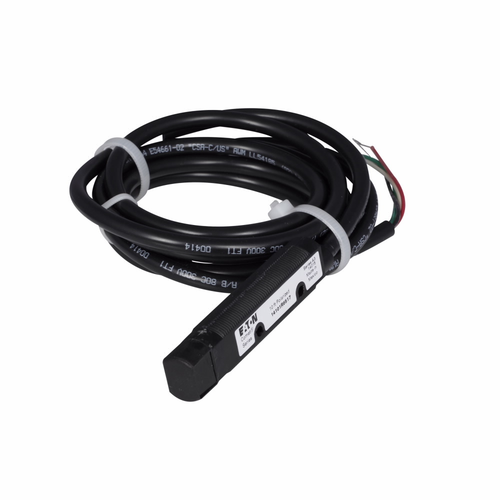 Eaton Photoelectric sensor, Polarized Retroreflective, Right Angle, Output ON, 6.6 ft, 100 mA PNP, 250 mA NPN at 10-30 Vdc, PVC, 10-30 Vdc