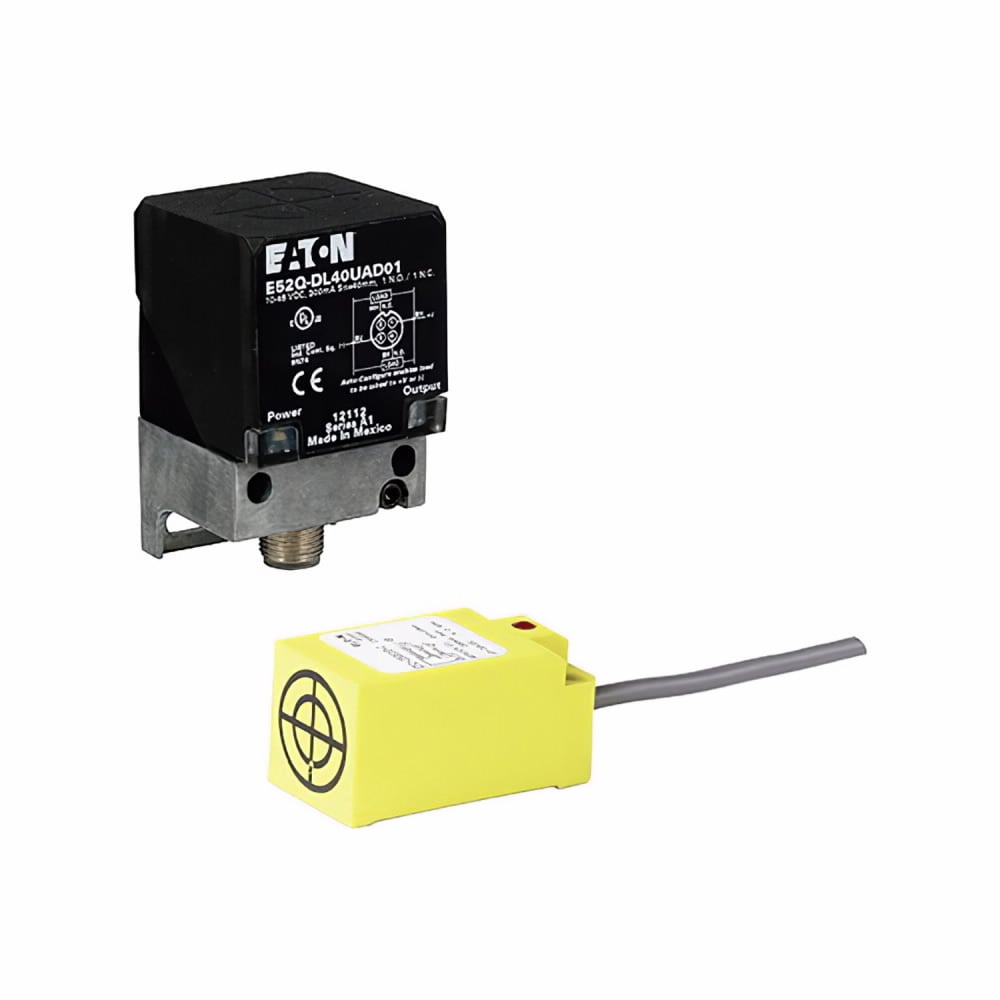 Eaton E52 inductive proximity sensor, Right Angle, Sensor dist.: 4 mm, PBT composition encl, 100 mA, PNP Open Collector, NO, 100 mA at 30 Vdc, 3 Pin M8 Connector, 10-30 Vdc input, < 1% accuracydist., Un-shielded, 6.6 Ft. (2m)