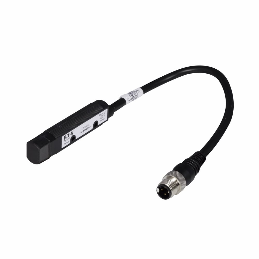 Eaton Comet 18mm tubular photoelectric sensor, Retroreflective, Right Angle, Output ON, M12, 100 mA PNP, 250 mA NPN at 10-30 Vdc, 4 pin, NPN and PNP open collector, 10-30 Vdc