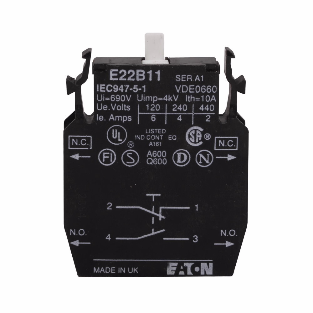 E22B20 Heavy Duty Standard Contact Block, 22.5 mm, 2NO Contact, 10 A at 600 V AC, 2.5 A at 600 V DC Contact, Silver Contact
