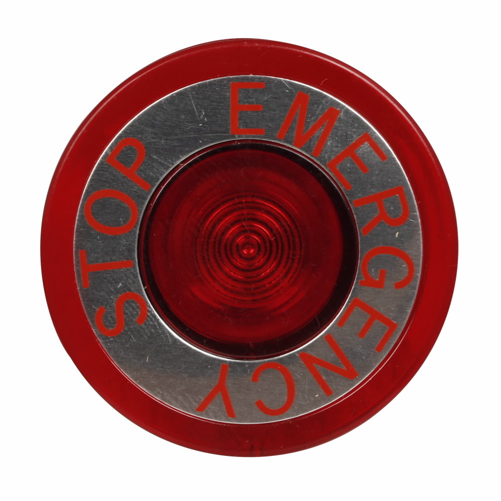 E34M2N8 Corrosion-Resistant Oiltight/Watertight Operator Lens, 40 mm, NEMA 3/3R/4/4X/12/13/IP65 NEMA Rating, Round Shape, EMERGENCY STOP Legend, Plastic