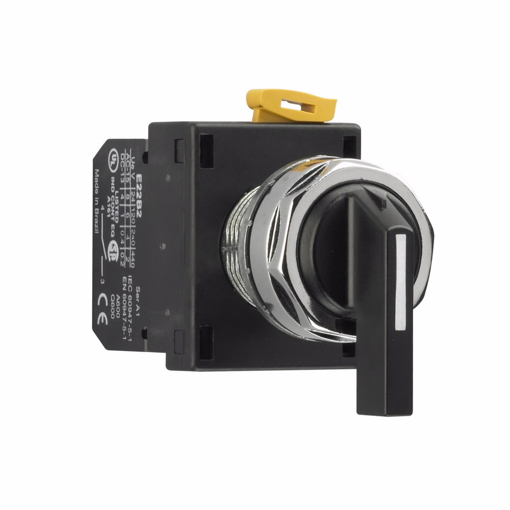 Eaton E22 pushbutton, E22 Pushbutton, 22.5 mm, Non-metallic, Heavy-Duty, Cam 2, NEMA 3, 3R, 4, 4X, 12, 13, Non-illuminated, Two-position, Black actuator, Lever, Chrome bezel, 45? Throw