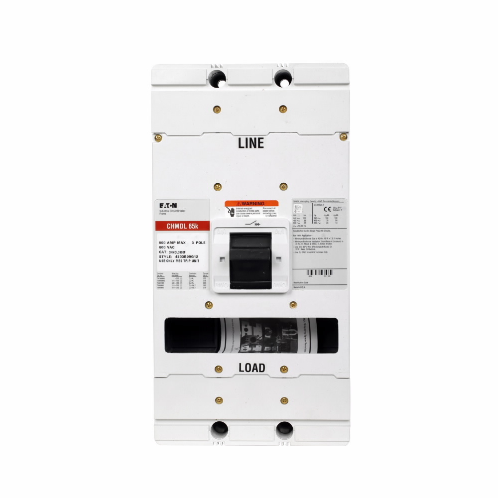 Eaton Series C molded case circuit breaker frame, MDL-frame, CHMDL, Frame only, Electronic LI trip type, Three-pole, 800A, 600 Vac, 65 kAIC at 480 Vac, 100% rated, used with Challenger