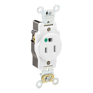 15 Amp, 125 Volt, Extra Heavy Duty Hospital Grade, Single Receptacle, Straight Blade, Self Grounding, White