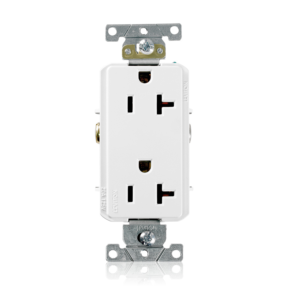 20-Amp, 125-Volt, Decora Plus Duplex Receptacle, Straight Blade, Commercial Grade, Self Grounding, White