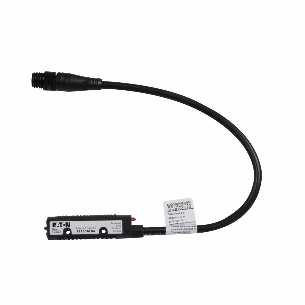 Eaton OEM Prism 18mm tubular photoelectric sensor, Right Angle, dist 15 Ft., Iso SS Relay, 80 mA at 132 Vac/110 mA at 132Vdc, 4 Pin Dual Key Micro, 20?132 Vac/15-30 Vdc input