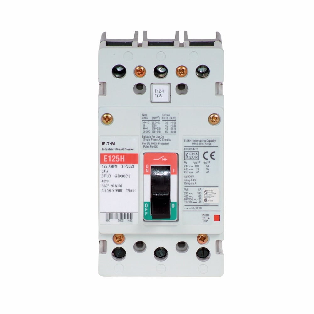 Eaton Series G molded case circuit breaker, EG-frame, EG, Fixed thermal, fixed magnetic trip, Three-pole, 35A, 600Y/347 Vac, 85 kAIC at 240 Vac, 35 kAIC at 480 Vac, 22 kAIC at 600Y/347 Vac, Line and load, 50/60 Hz