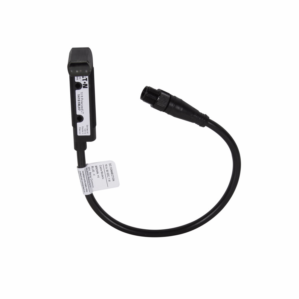 Eaton OEM Prism 18mm tubular photoelectric sensor, Right Angle, dist 10 Ft., Iso SS Relay, 80 mA at 132 Vac/110 mA at 132Vdc, 4 Pin M12 Connector, 10-30 Vdc input, Current Limited for loads >32V AC/DC, Polarized Retroreflective, 8 In. (.2m)