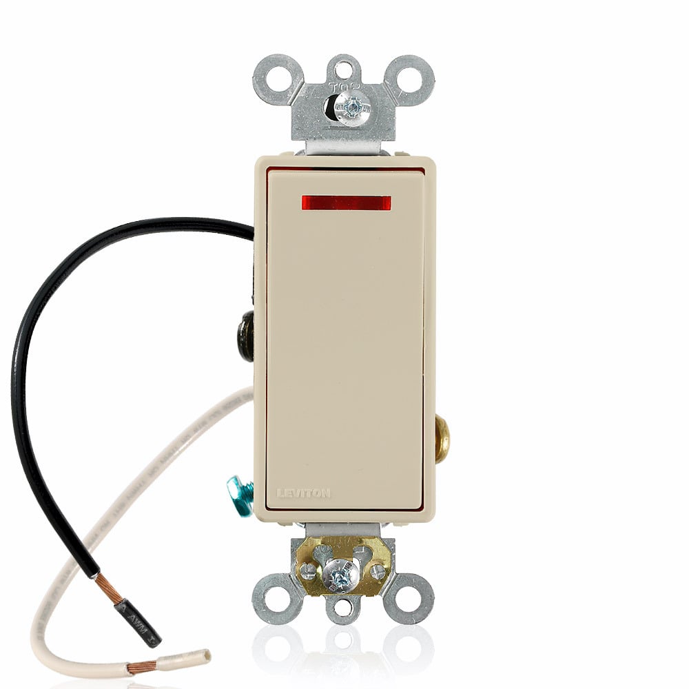 20 Amp, 120 Volt, Decora Plus Rocker Pilot Light - Illuminated ON - Req. Neutral 3-Way AC Quiet Switch,  Commercial Grade, Self Grounding, Back & Side Wired, - Ivory