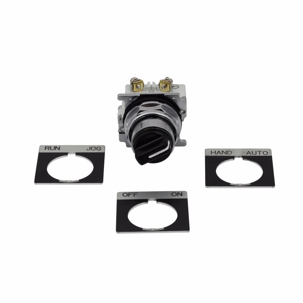 10250T, 30.5 mm, Heavy-Duty, NEMA 3, 3R, 4, 4X, 12, 13, Non-illuminated, Two-position, Knob, Black actuator, OFF/ON HAND/AUTO RUN/JOG, 1NO-1NC