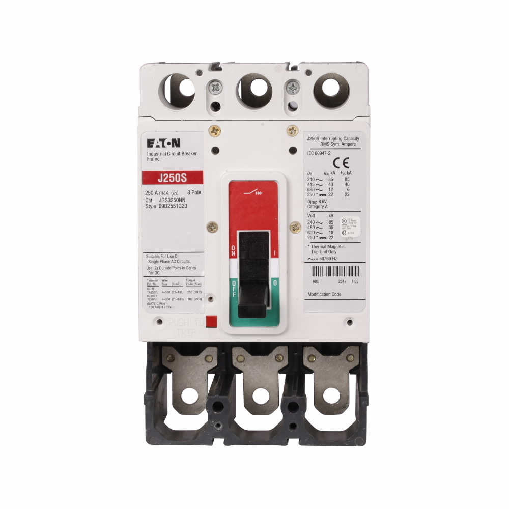 Eaton Series G molded case circuit breaker, JG-frame, JG, Adjustable thermal, adjustable magnetic trip, Three-pole, 200A, 600 Vac, 85 kAIC at 240 Vac, 40 kAIC at 415 Vac, 35 kAIC at 480 Vac, 18 kAIC at 600 Vac, Line and load, Metric