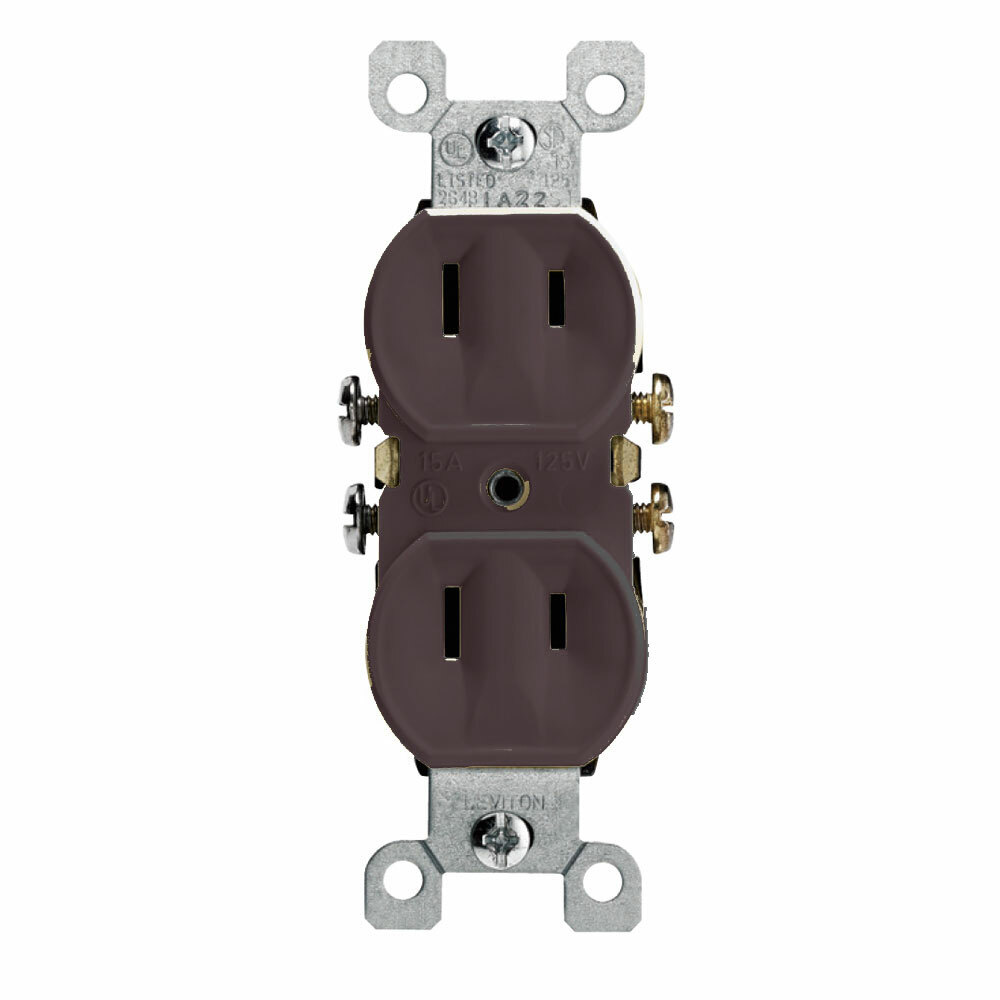 15 Amp, 125 Volt, NEMA 1-15R, 2P, 2W, With Ears Duplex Receptacle, Straight Blade, Residential Grade, Non-Grounding, Side Wired, Steel Strap, - Brown