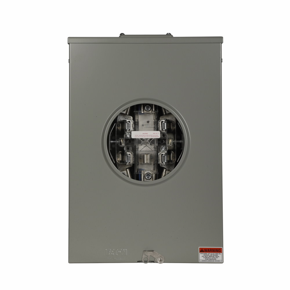Eaton meter socket, 1-pos commercial or resi service, 200A, Over/under, Large to small hub adapter, #6-350 kcmil, 5-jaw, 1-ph or 3-ph, #6-350 kcmil, Lever bypass, Gnd conn (#14-#2 Cu), Triplex, 3-wire, Ringless, 600 Vac