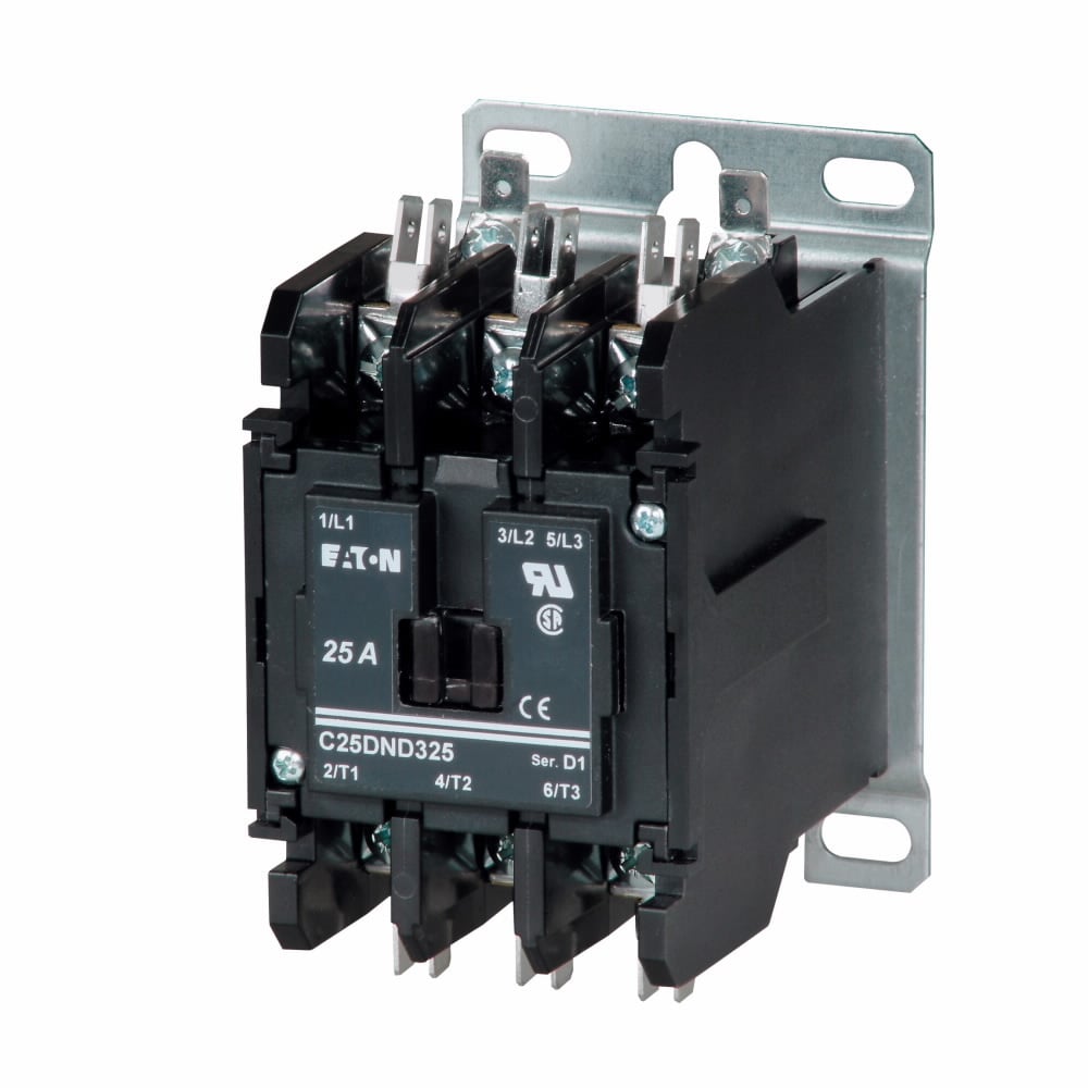 Eaton definite purpose contactor, Non-reversing contactors and starters (C306),Compact, two-pole , Open with metal mounting plate ,Binding head screw and quick connect terminals (side-by-side) ,50A,110?120 Vac, 50/60 Hz ,Global Listed