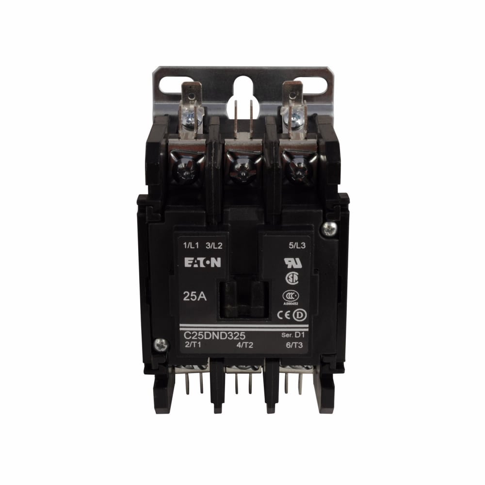 Eaton definite purpose contactor, Quick, 25A, 110-120 Vac, 50/60 Hz, Open with metal mounting plate, 15-50A, two- and three-pole, 25A, Contactor, Three-pole, 35A, Screw/pressure plate and quick connect terminal (side-by-side), Non-reversing