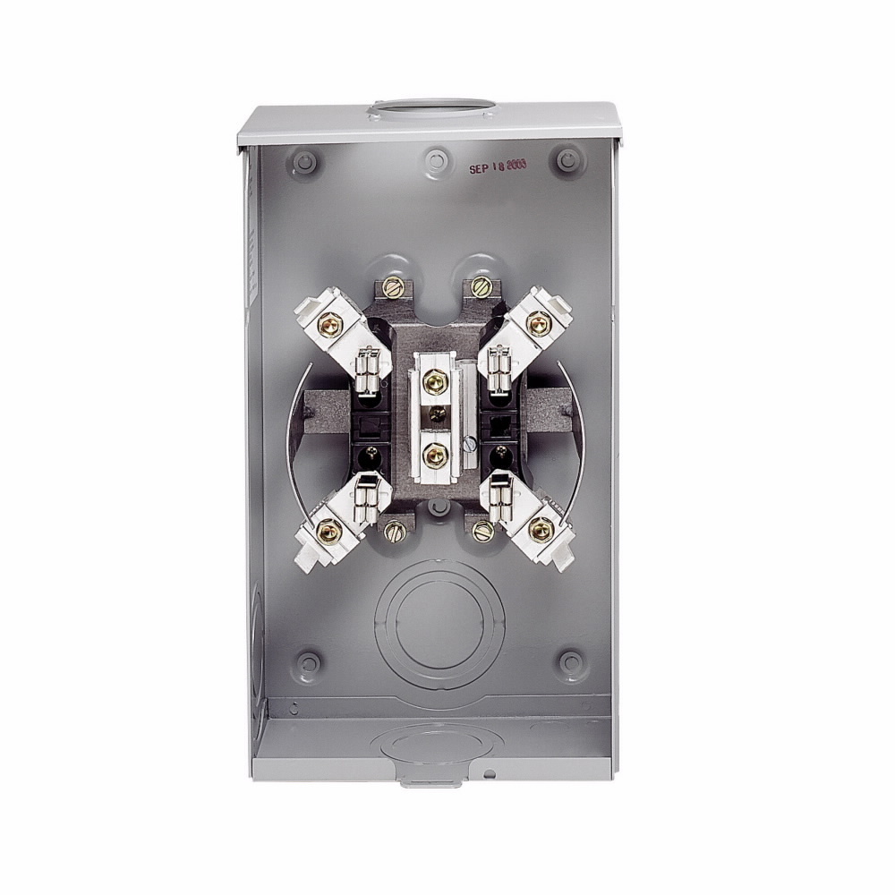 Eaton meter socket, 1-pos resi service, 200 A, Over, 3-5/16 inch hub open, #8-250 kcmil, 4-jaw, 1-ph, #8-250 kcmil, Horn bypass, Gnd conn (#14-#2 Cu), Triplex, 3-wire, Ringless, 600 Vac