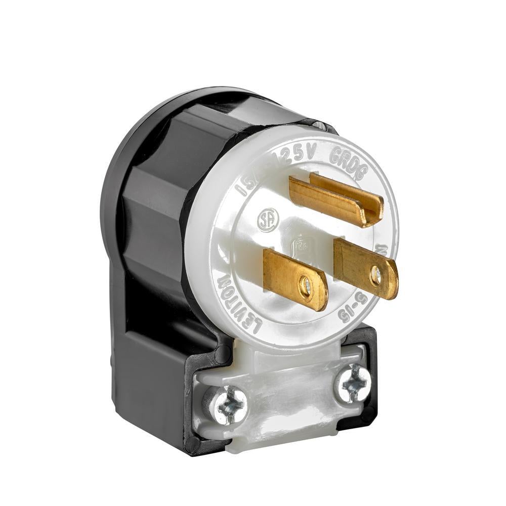 15 Amp, 125 Volt, Angle Plug, Straight Blade, Industrial Grade, Grounding, Black-White