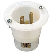 15 Amp, 125 Volt, Flanged Inlet Receptacle, Straight Blade, Industrial Grade, Grounding, White