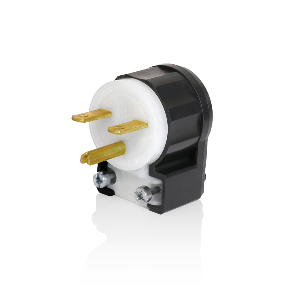 15 Amp, 250 Volt, Straight Blade, Angle Plug, Industrial Grade, Grounding, Black-White