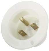 15 Amp, 250 Volt, Flanged Inlet Receptacle, Straight Blade, Industrial Grade, Grounding, White