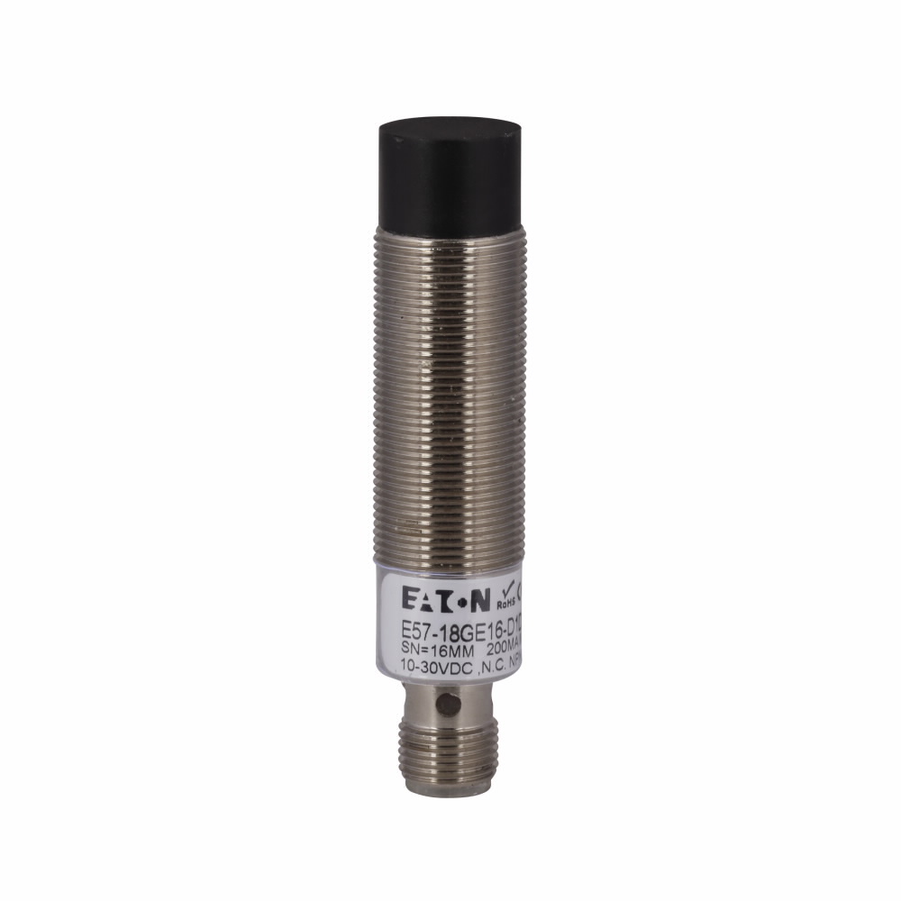 E57 Two-Wire Series Tubular Inductive Proximity Sensor, 0.71 dia, Straight, Sensor dist: 16 mm, 100 mA max DC, 2 - Wire DC, NC, 100 mA at 30 Vdc, 4 Pin M12 Connector, 10-30 Vdc input, < 2% accuracy, Short circuit protected, Un-shielded