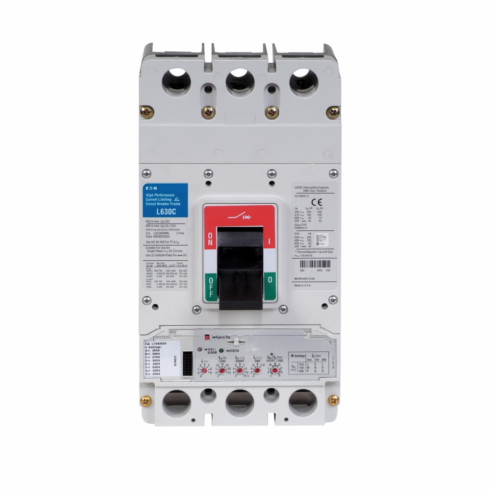 Eaton Series G molded case circuit breaker, LG-frame, LG, Adjustable thermal, adjustable magnetic trip, Three-pole, 630A, 600 Vac, 65 kAIC at 240 Vac, 35 kAIC at 415 Vac, 35 kAIC at 480 Vac, 18 kAIC at 600 Vac, Line and load, Metric