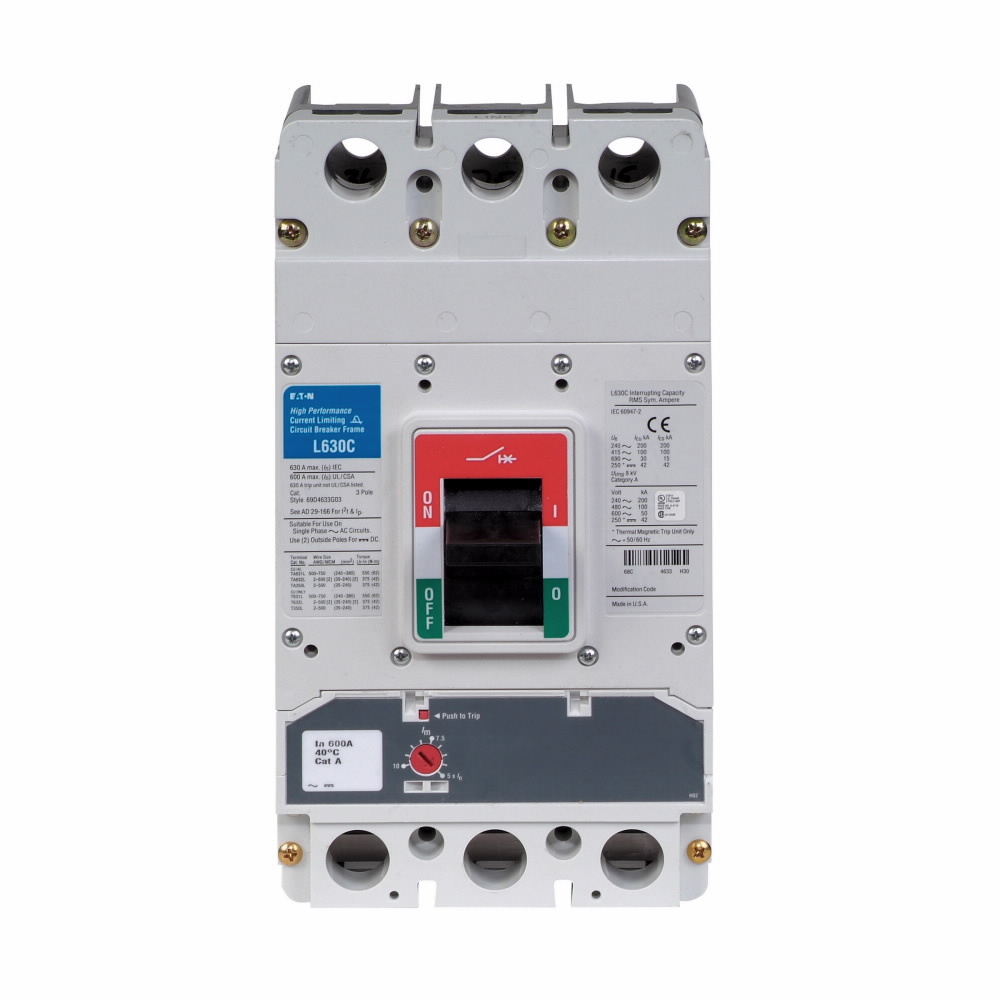 Eaton Series G molded case circuit breaker, LG-frame, LG, Adjustable thermal, adjustable magnetic trip, Three-pole, 400A, 85 kAIC at 240 Vac, 50 kAIC at 480 Vac, 25 kAIC at 600 Vac, Line and load, Metric, 50/60 Hz, 80% rated