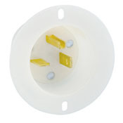 20 Amp, 250 Volt, Flanged Inlet Receptacle, Straight Blade, Industrial Grade, Grounding, White