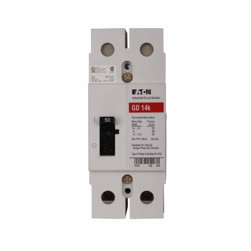 Eaton Series C complete molded case circuit breaker, G-frame, GD, Complete breaker, Fixed thermal, fixed magnetic trip type, Two-pole, 50A, 480 Vac, 125/250 Vdc, 65 kAIC at 240 Vac, 14 kAIC at 480 Vac, 50/60 Hz