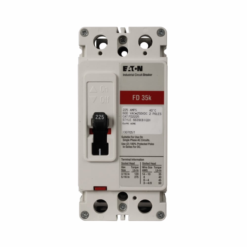 Eaton Series C complete molded case circuit breaker, F-frame, FD, Complete breaker, Fixed thermal, Fixed magnetic trip type, Two-pole, 225 A, 600 Vac, 250 Vdc, 65 kAIC at 240 Vac, 35 kAIC at 480 Vac
