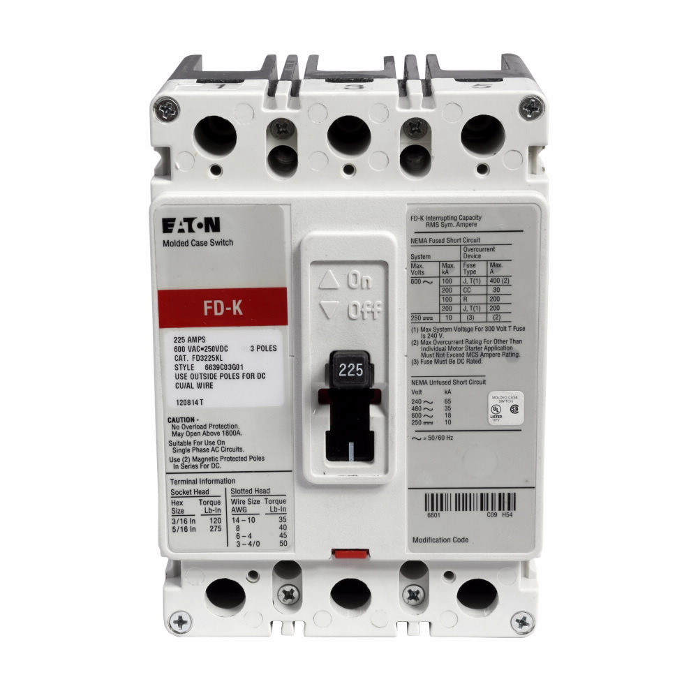 Eaton Series C complete molded case circuit breaker, F-frame, FD, Complete breaker, Fixed thermal, Fixed magnetic trip type, Three-pole, 225 A, 600 Vac, 250 Vdc, 65 kAIC at 240 Vac, 35 kAIC at 480 Vac