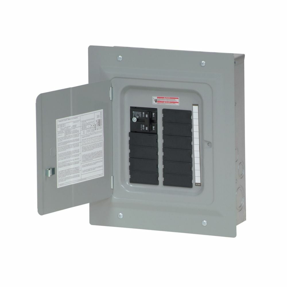 Eaton Eaton BR main lug loadcenter,No feed-thru lugs,Main circuit breaker,100 A,A1,Aluminum, NEMA 1,Metallic,10 kAIC,BR,Flush,20 Circuits,Twenty-four pole,10 Spaces,Three-wire,Single-phase,Type BR 1-inch breakers,120/240V,#4-1/0 AWG Cu/Al