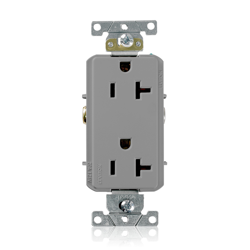 20 Amp, 125 Volt, NEMA 5-20R, 2P, 3W, Decora Plus Duplex Receptacle, Straight Blade, Commercial Grade, Self Grounding, , , Side Wired, Steel Strap, - Gray