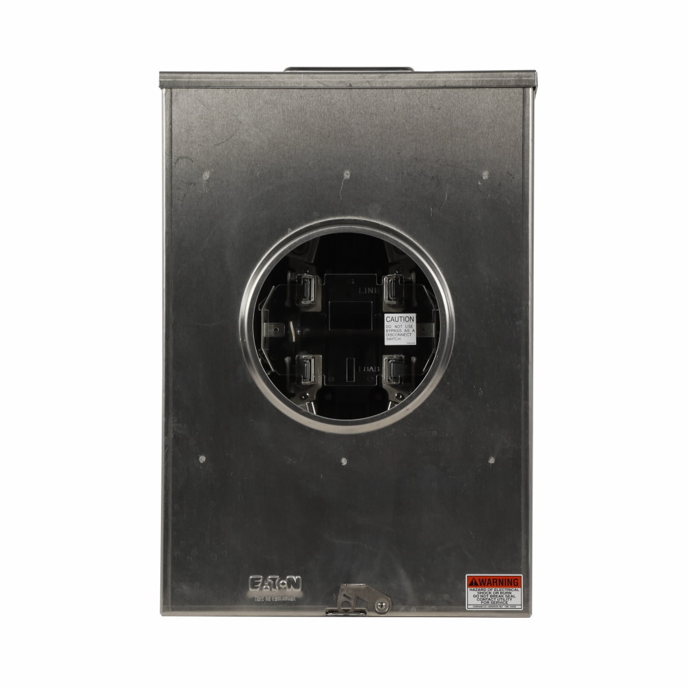 Eaton meter socket, 1-pos commercial or resi service, 320A, Over/under, 5x5 inch hub cover plate, 3/8 inch stud, 7-jaw, 3-ph, 3/8 inch stud, Lever bypass, Gnd conn (#14-#2 Cu), Triplex, four-wire, Ringless, 600 Vac