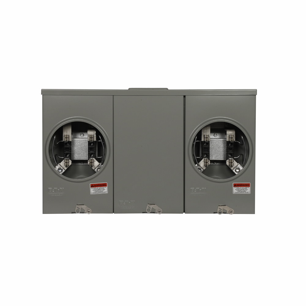 Eaton meter socket, Multi position commercial or resi service, 200A, Over/under, 5x5 inch hub cover plate, #6-350 kcmil, 4-jaw, 1-ph, #8-250 kcmil, Gnd conn (#14-#2 Cu), Triplex, 3-wire, Ringless, 600 Vac