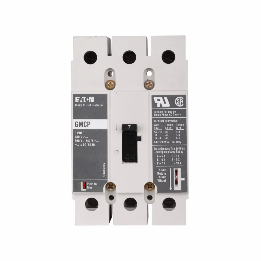 Eaton Series C motor circuit protector, G-frame, GMCP, Magnetic only trip type, 300-600A trip rating, Three-pole, 60A, 480 Vac, 35 kAIC at 480 Vac, Copper, Line and load, Motor protection