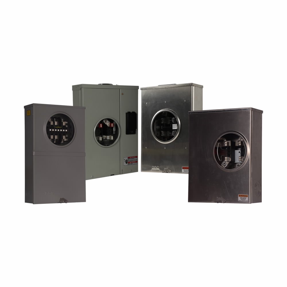 Eaton meter socket, 1-pos resi and commercial service, 320A, Under, Solid top, 3/8 inch stud, 5-jaw, 1-ph, 3/8 inch stud, Lever bypass, Gnd conn (#14-#2 Cu), Triplex, Side-wired, 3-wire, Ringless, Gnded 5th term(9 o?clock pos), 600 Vac