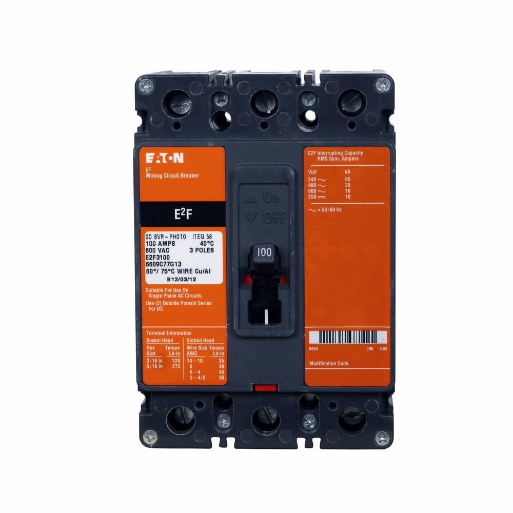 Eaton E2 mining complete molded case circuit breaker, F-frame, E2F, Complete breaker, Non-interchangeable magnetic only trip, 50-150A trip rating, Three-pole, 30A, 600 Vac, 250 Vdc, Line and load, Mining, 110-127 Vac rear with right pigtail