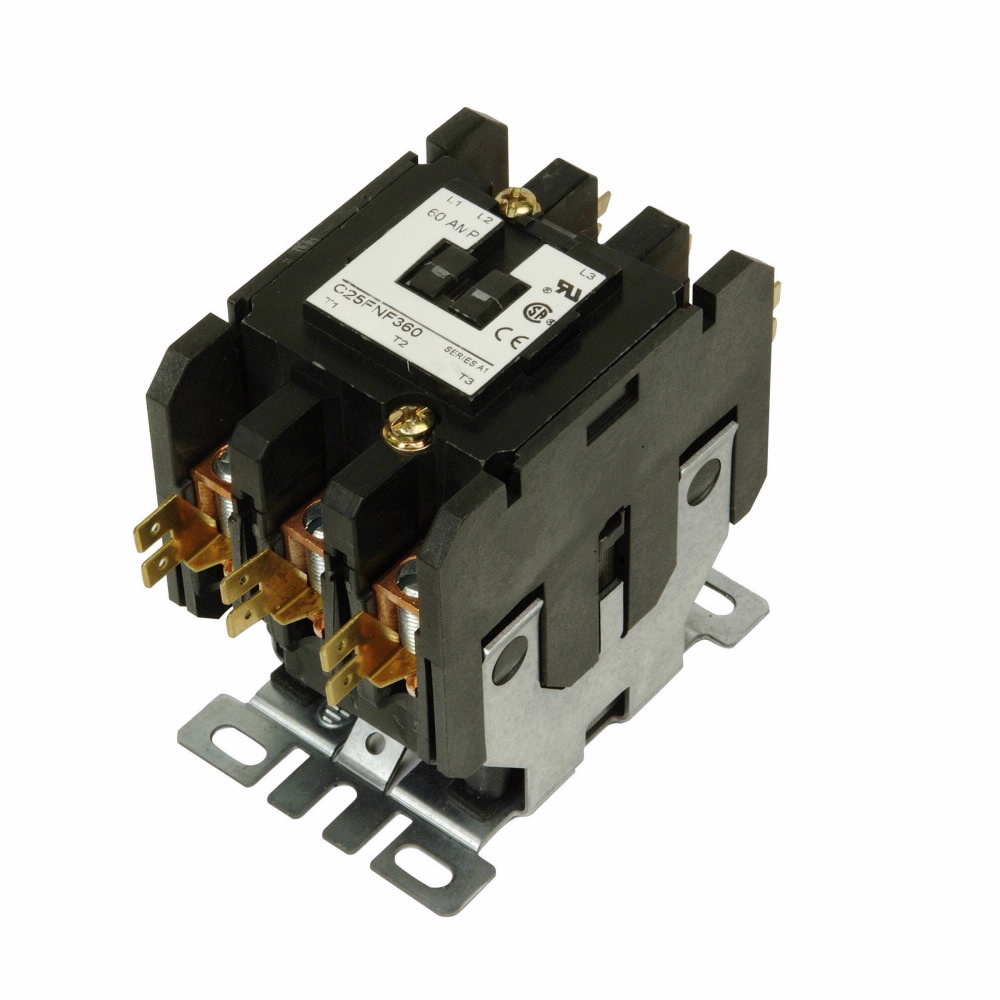 Eaton definite purpose contactor, Quick, 60A, 110-120 Vac, 50/60 Hz, Open with metal mounting plate, 15-50A, two- and three-pole, 60A, Contactor, Three-pole, 75A, Box lugs (posidrive setscrew) and quick connect terminals (side-by-side)