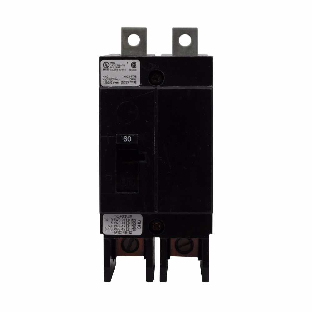 Eaton Series C complete molded case circuit breaker, G-frame, GHB, Complete breaker, Fixed thermal, Fixed magnetic trip type, Two-pole, 60 A, 480Y/277 Vac, 125/250 Vdc, 50/60 Hz