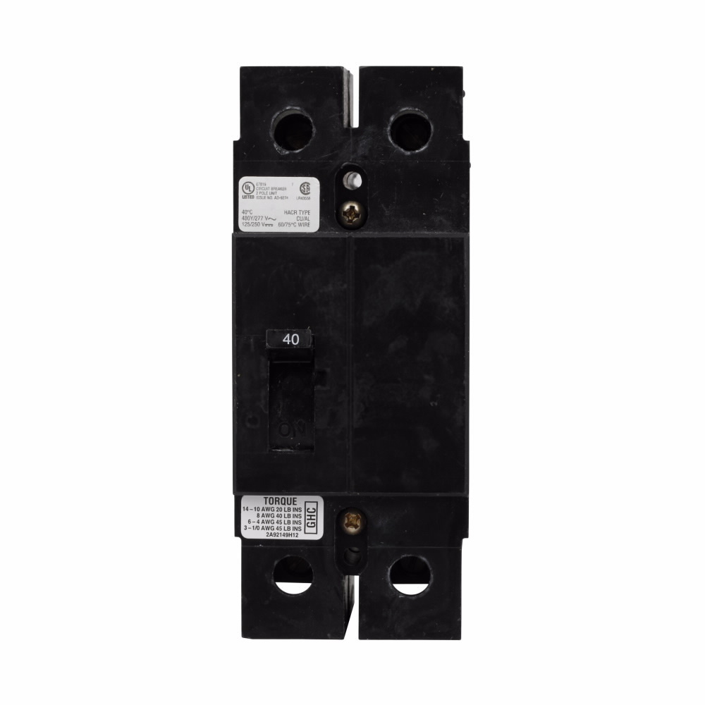 Eaton Series C complete molded case circuit breaker, G-frame, GHC, Complete breaker, Fixed thermal, fixed magnetic trip type, Two-pole, 40A, 480Y/277 Vac, 125/250 Vdc, 65 kAIC at 240 Vac, 14 kAIC at 480Y/277 Vac, 50/60 Hz