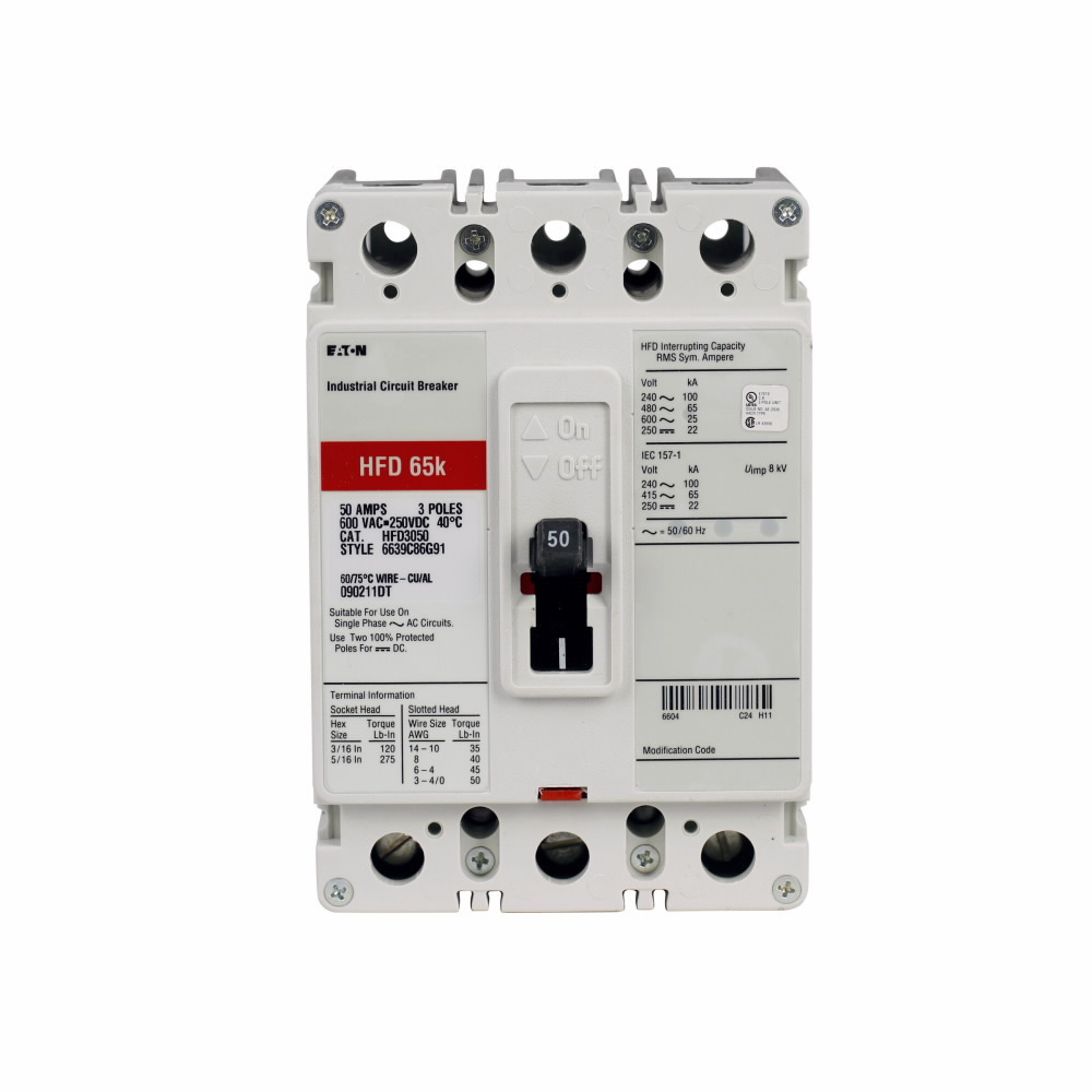 Eaton Series C complete molded case circuit breaker, F-frame, HFD, Complete breaker, Fixed thermal, Fixed magnetic trip type, Three-pole, 90 A, 600 Vac, 250 Vdc, Load side, 50/60 Hz
