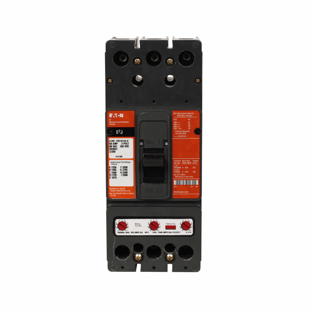 Eaton E2 mining complete molded case circuit breaker, J-frame, E2J, Complete breaker, Interchangeable thermal-magnetic trip, 1250-2500A trip rating, Three-pole, 250A, 600 Vac, 250 Vdc, Line and load, Mining