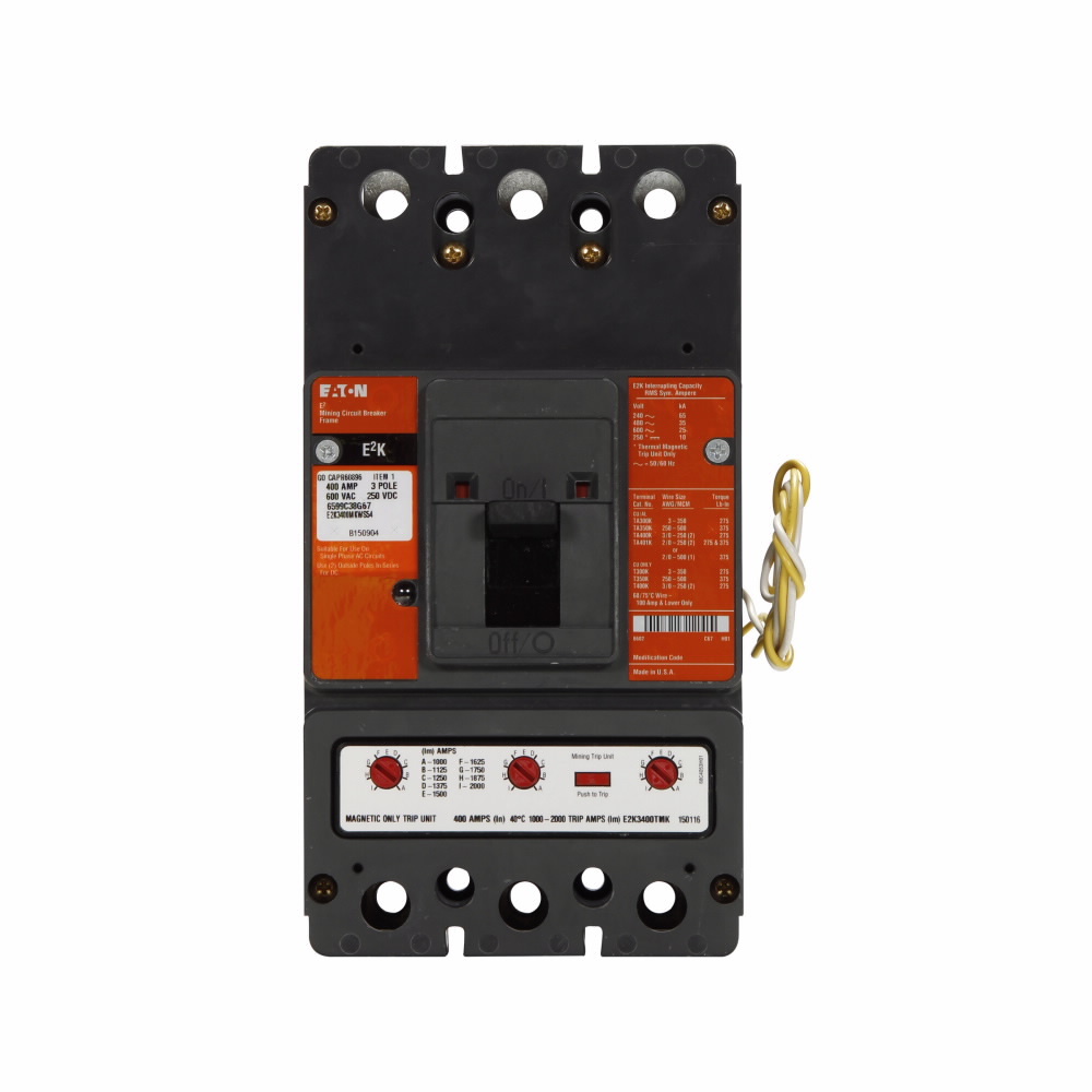 Eaton E2 mining complete molded case circuit breaker, K-frame, E2K, Complete breaker, Interchangeable thermal-magnetic trip, 2000-4000A trip rating, Three-pole, 400A, 600 Vac, 250 Vdc, Line and load, Mining